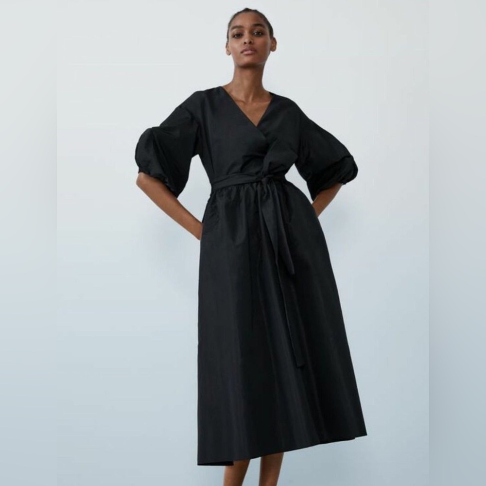 Zara black puff sleeve midi dress cotton taffeta v neck